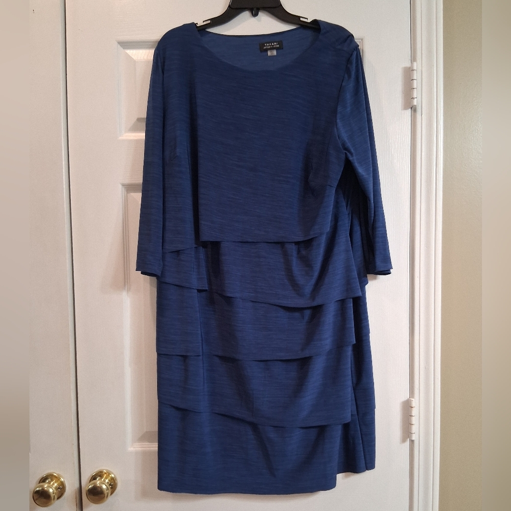 Tahari Blue Boho Long Sleeve Tiered  Layered Plus Size Women's Dress Size 18W